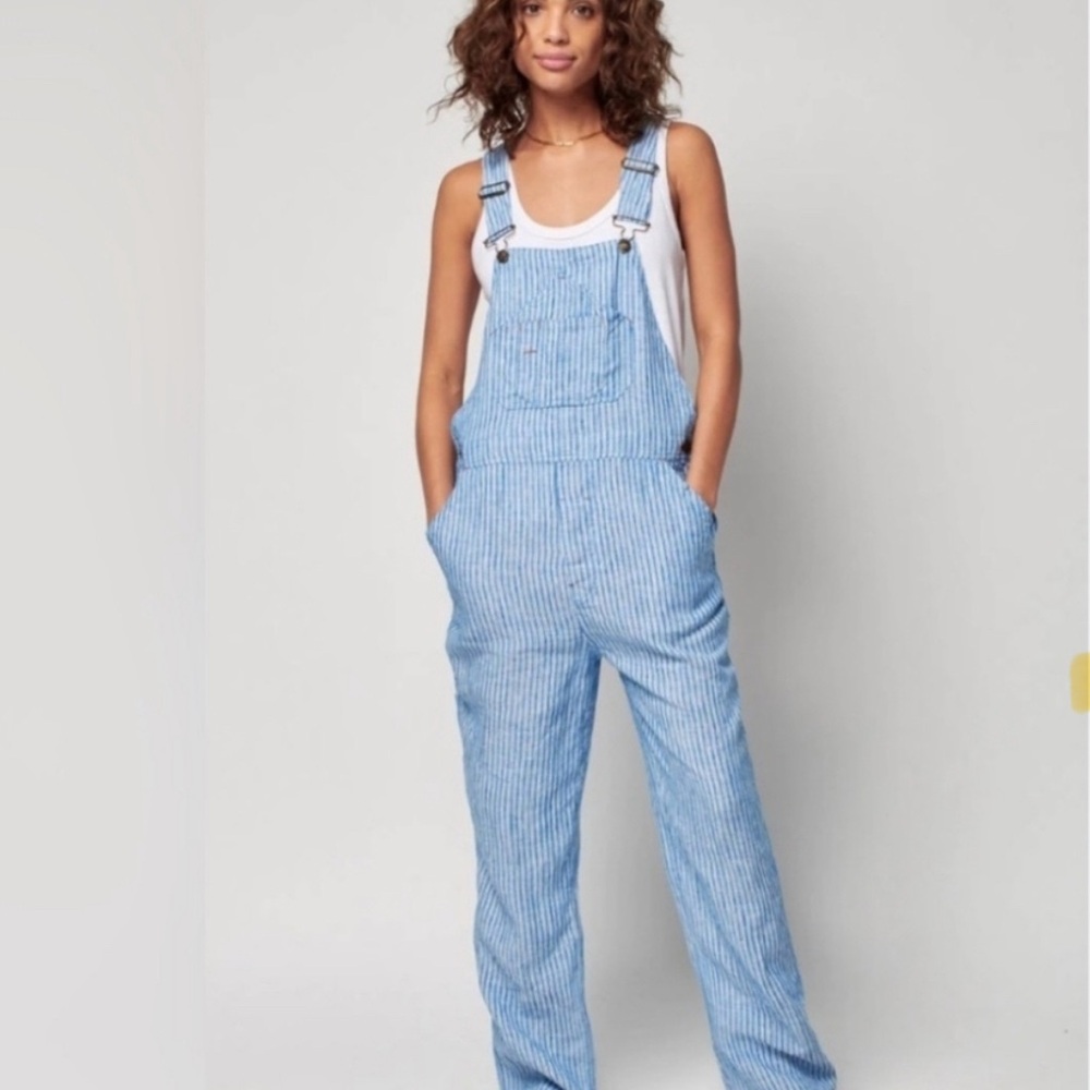 Faherty Blue and White Striped linen Overalls